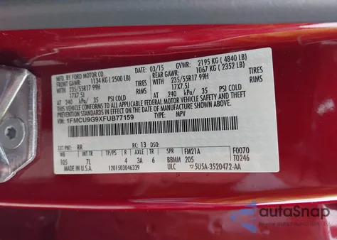 2015 Ford Escape Se из США, поврежденный, VIN 1FMCU9G9XFUB77159